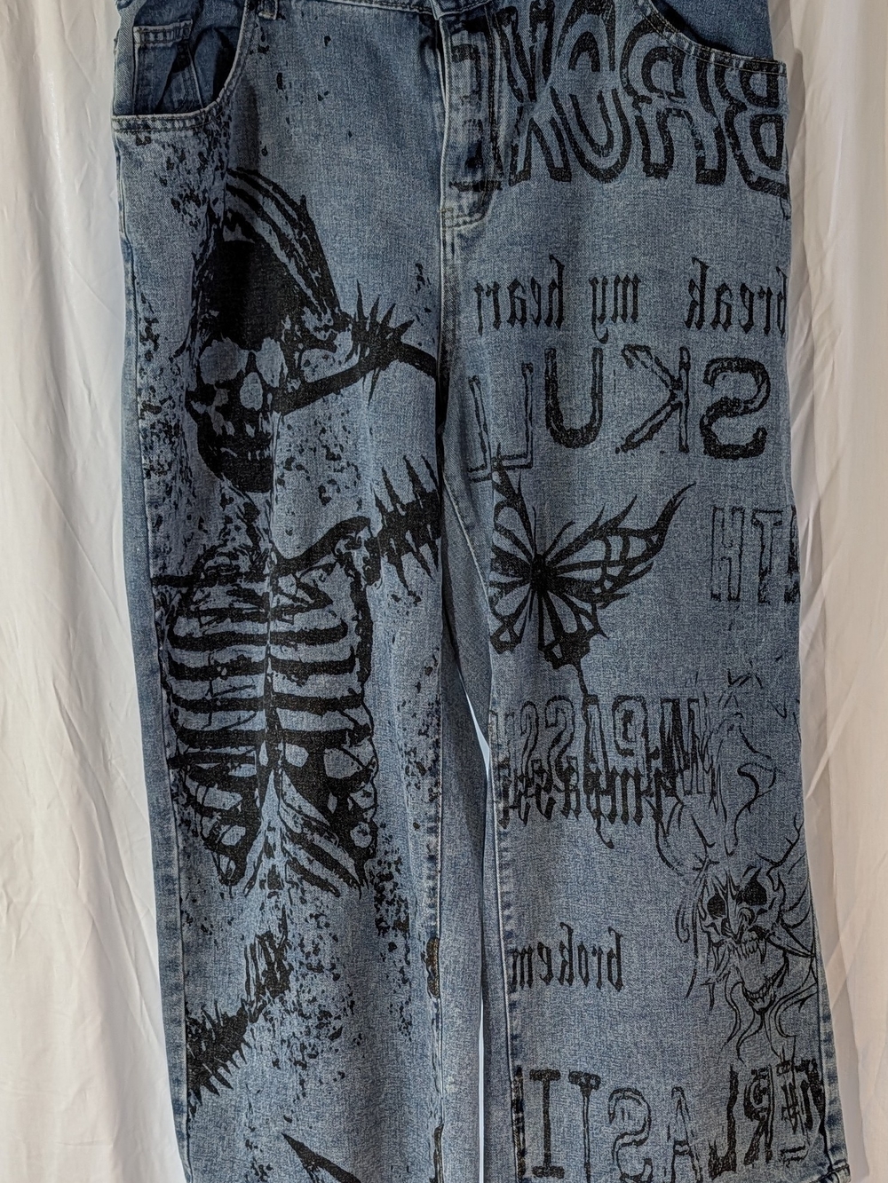Women's Black Graphic Skull Print Elastic Wasitband Baggy Blue Jeans Size 4XL